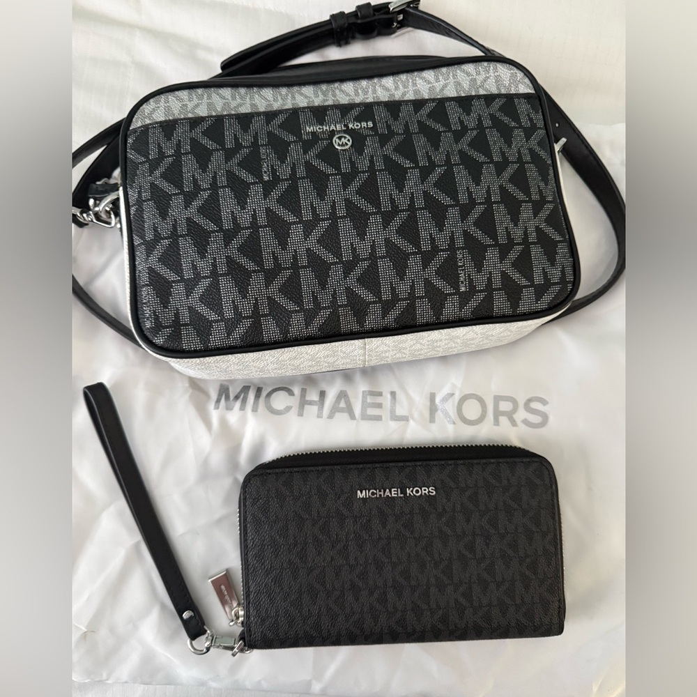 Michael Kors Black,White and silver, Crossbody Bag plus signature logo wallet